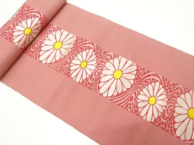 JAPANESE KIMONO / ANTIQUE EIGHT-SIDED OBI BOLT WOVEN / CHRYSANTHEMUM P